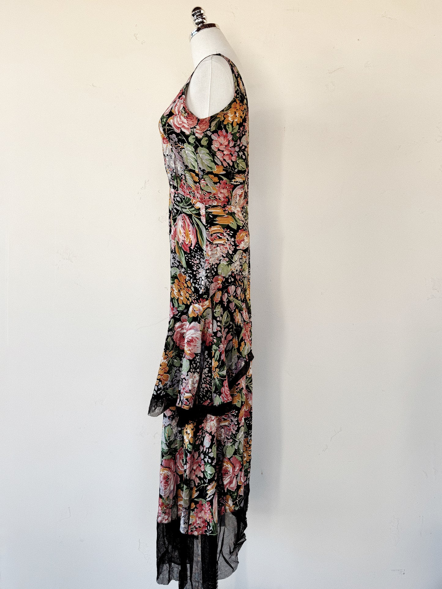 1930s Black Multicolor Floral Silk Gown w/ Mesh Trim- S/M