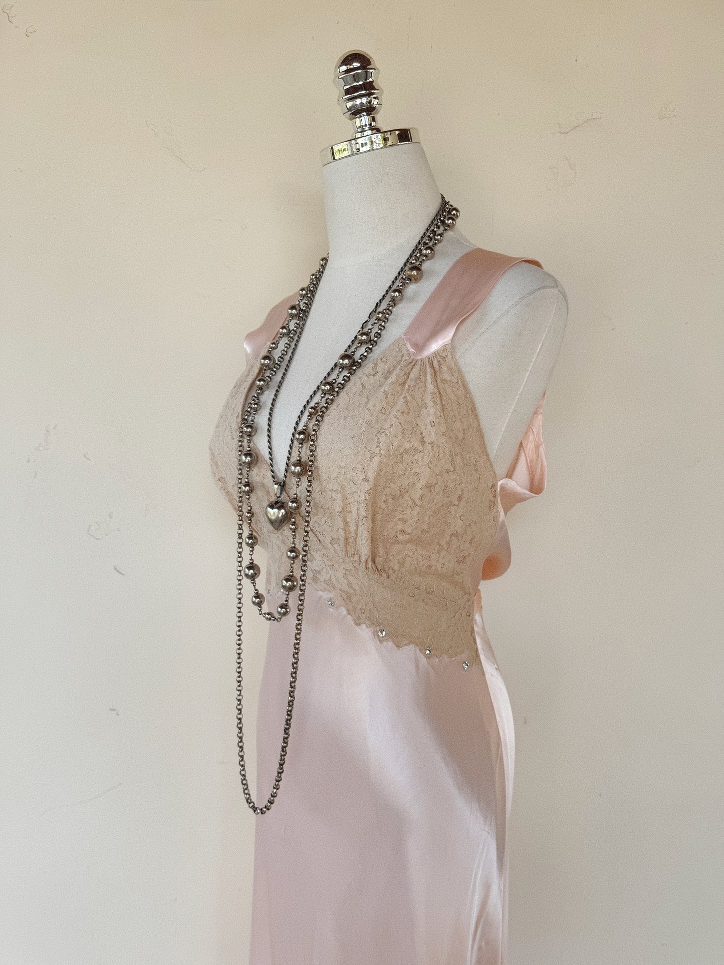 1930s/40s Pale Pink Liquid Satin + Lace Gown w/ Rhinestones- S/M