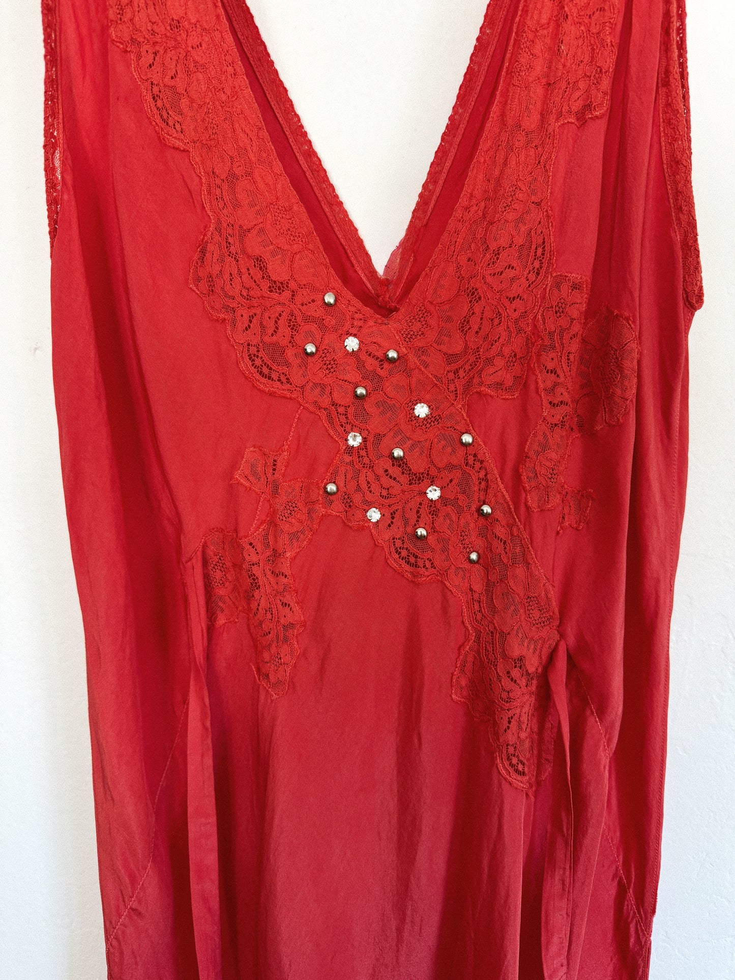 1930s Negroni Red Embellished Silk + Lace Slip Dress- S/M-M
