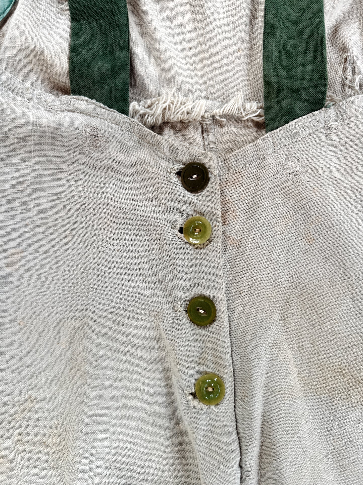 1930s Mint Green Linen Embroidered Vacation Overalls- S/M