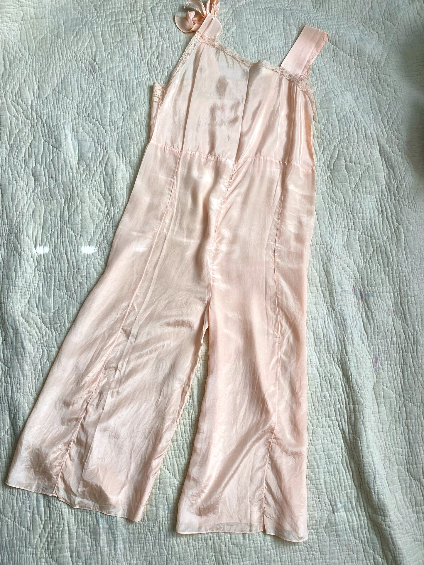 1920s Petal Pink Rayon Asymmetrical Beach Pajamas- M/L