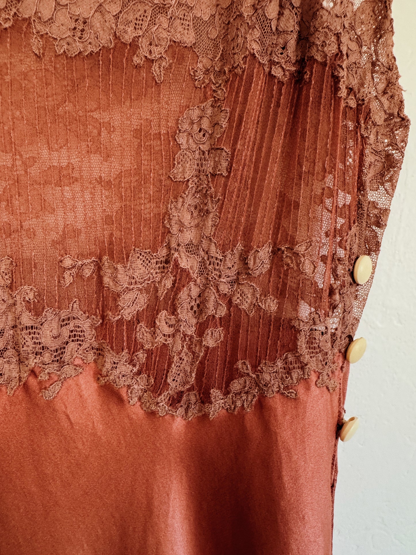 1930s Brown Silk + Lace Slip Dress w/ Braided Straps- XS/S
