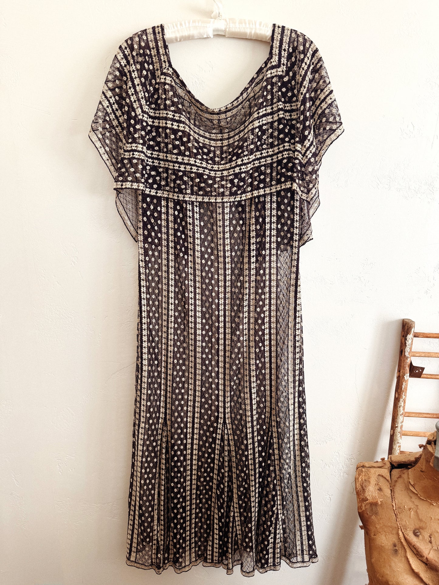 1920s/30s Purple + Cream Net Dress w/ Large Caplet Collar- M-L