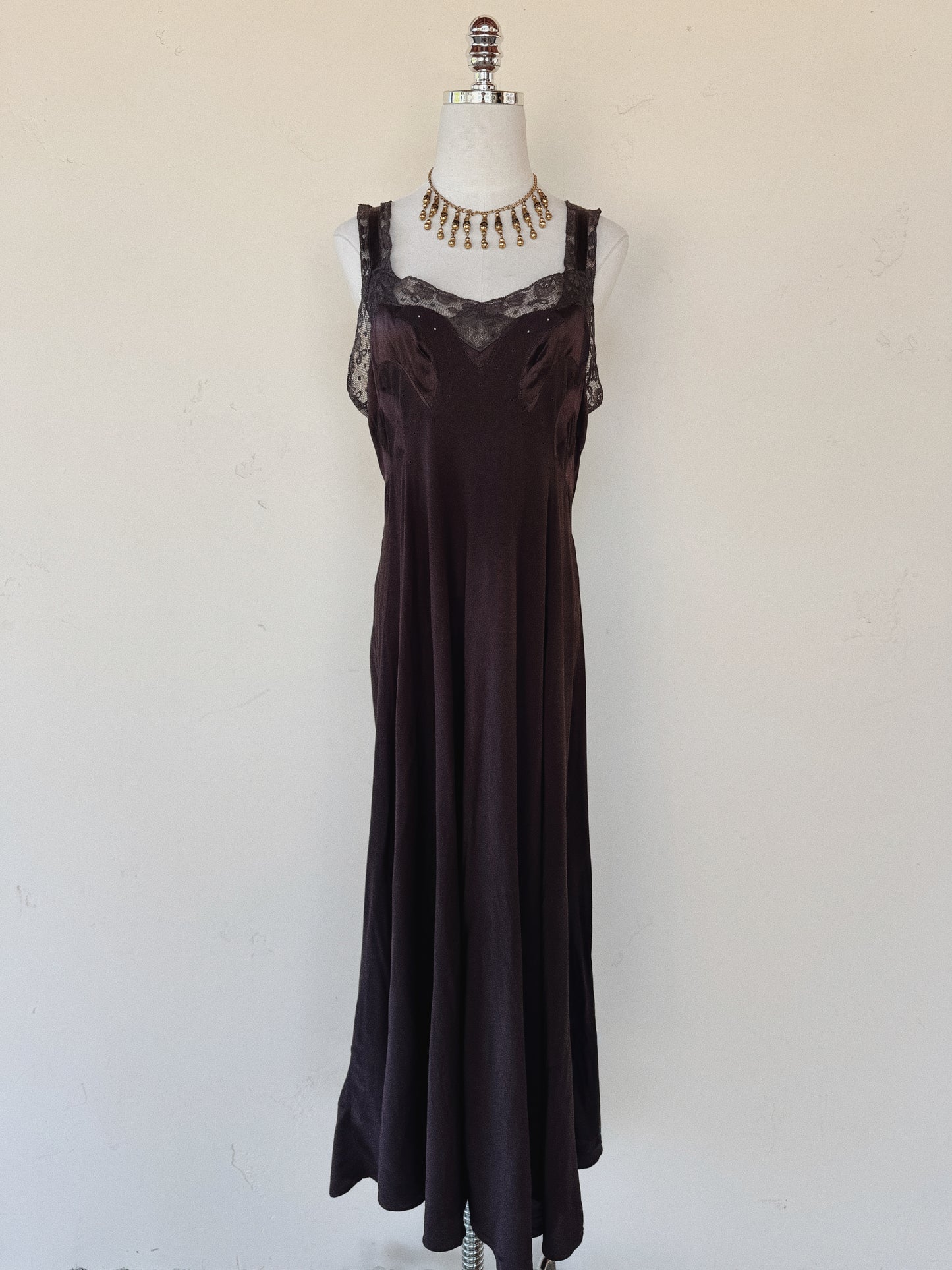 1930s Aubergine Silk Slip Dress w/ Wave Inserts + Circular Embroidery- S/M-M