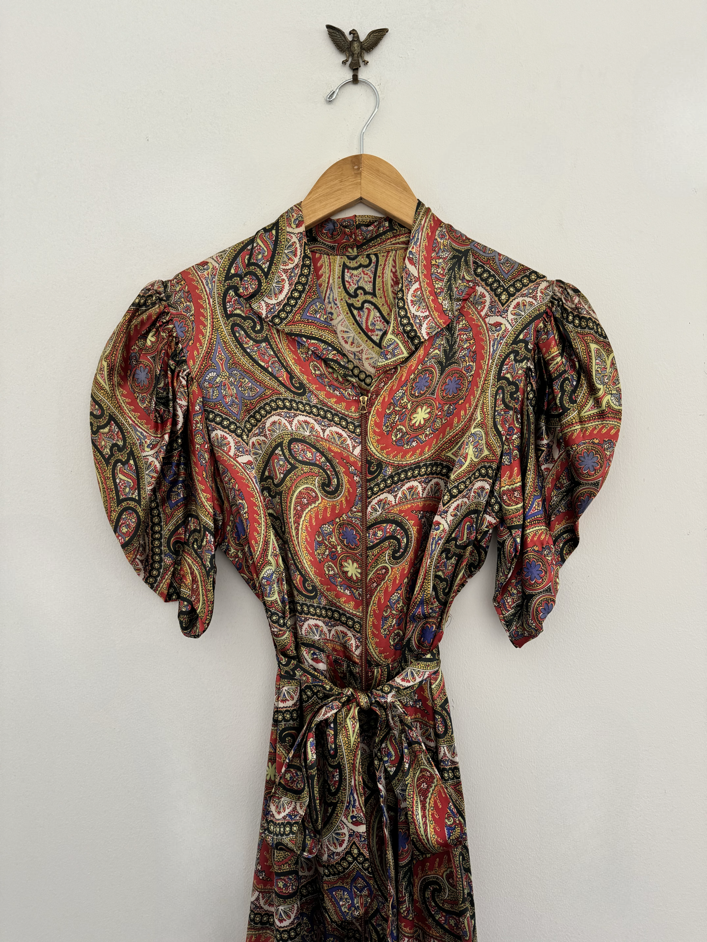 1930s Paisley Satin Puffed Sleeve Hostess Gown w/ Bell Zip- M