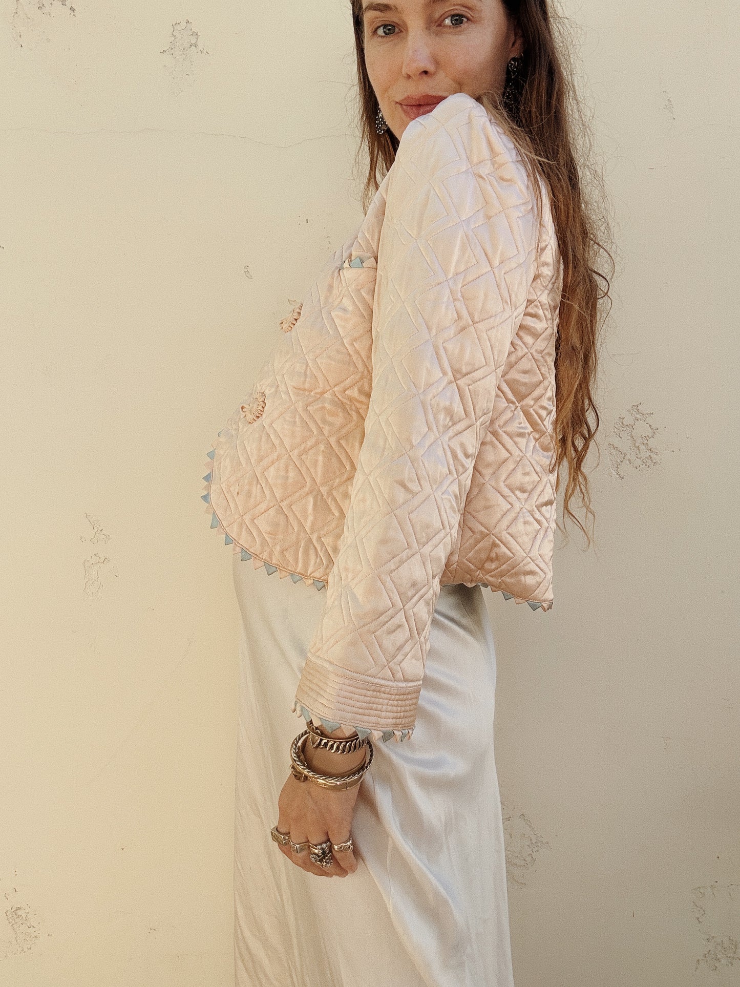 1940s Pastel Pink + Blue Silk Rayon Quilted Lounge Jacket w/ Sawtooth Detail- S/M
