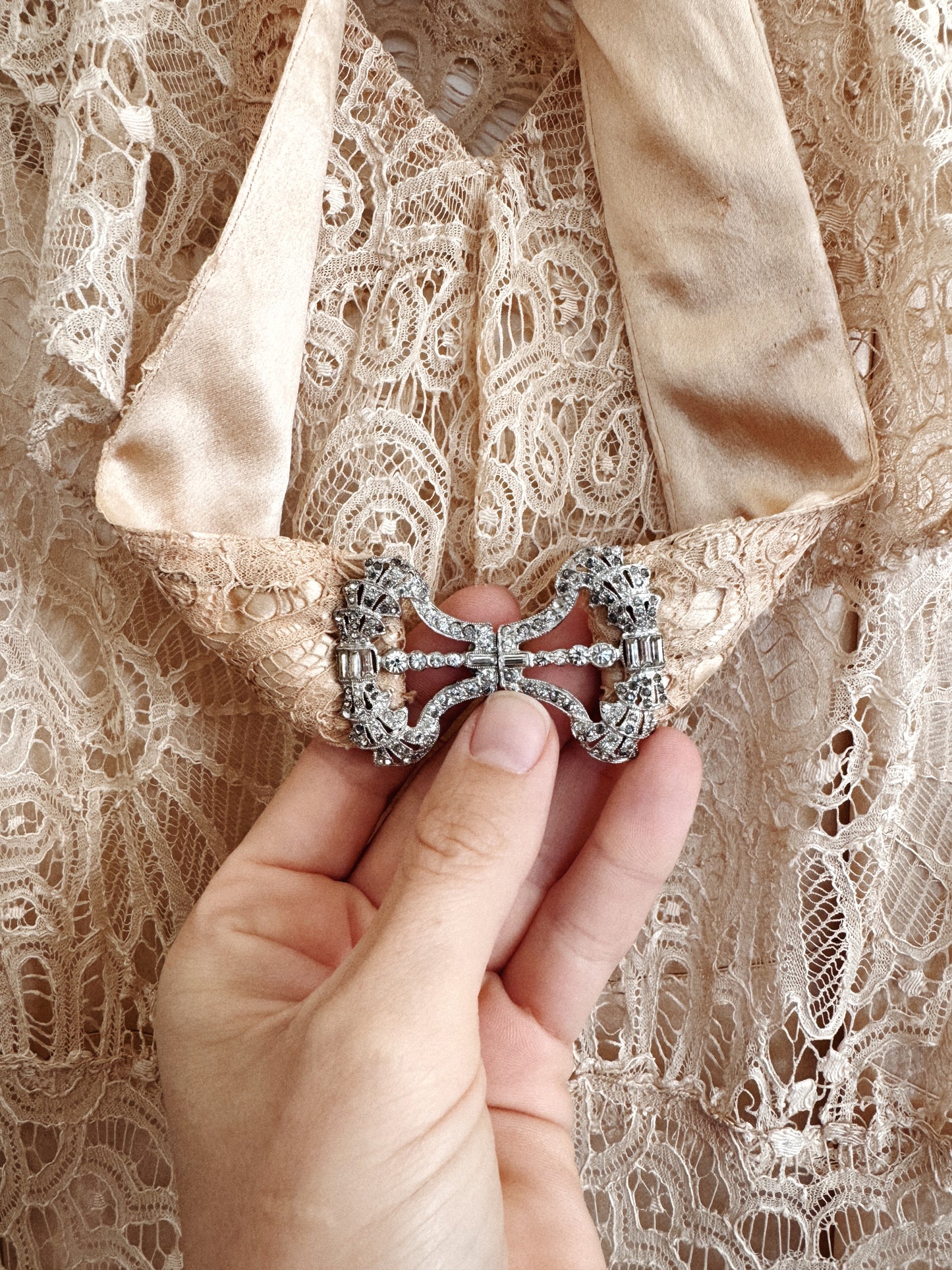 1930s White Lace + Puffed Shoulder Gown w/ Rhinestone Belt- XS/S