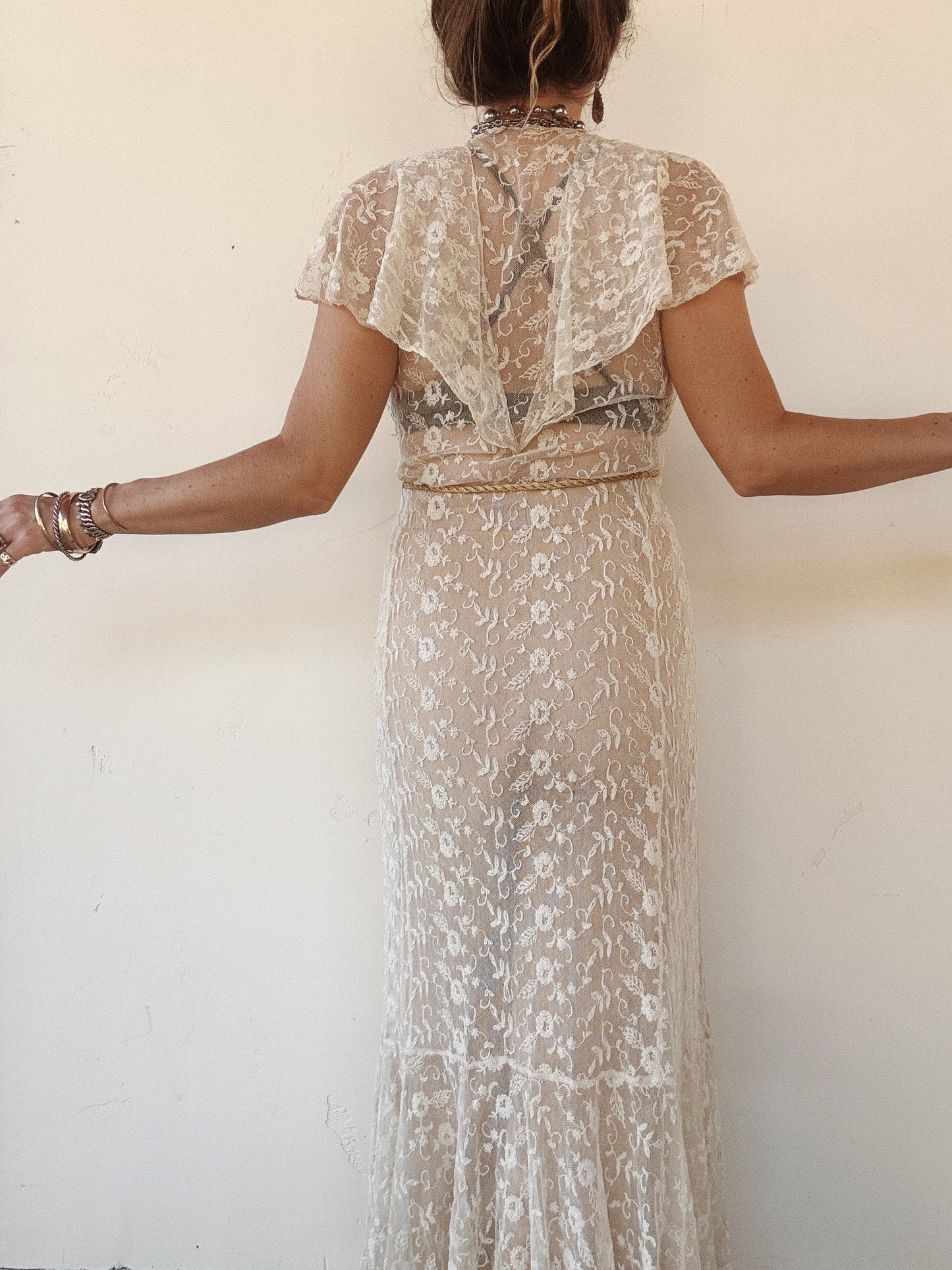 1930s French Lace Caplet Boudoir Duster Dress w/ Fishtail Hem- XS-S/M