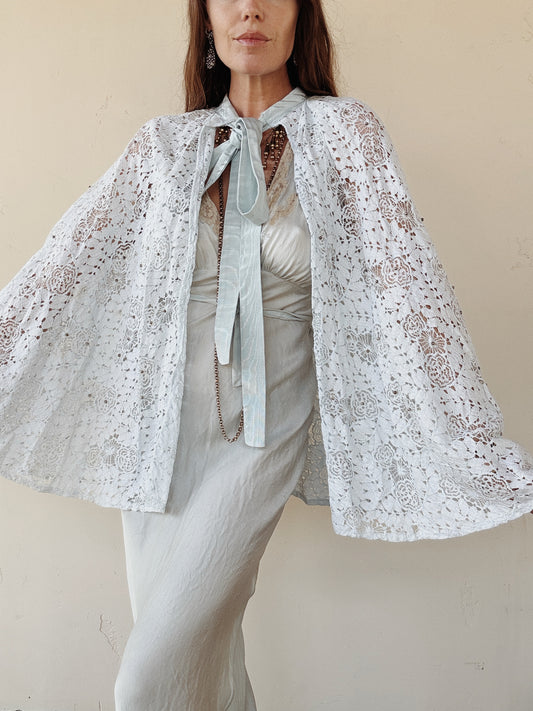 1930s Powder Blue Spider Web Lace Cape w/ Moiré Bow + Silver Ball Beads