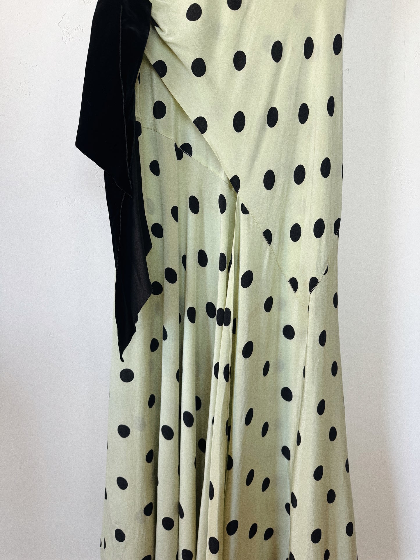 1930s Mint + Black Polka Dot Silk Draped Gown w/ Velvet Bows- S/M