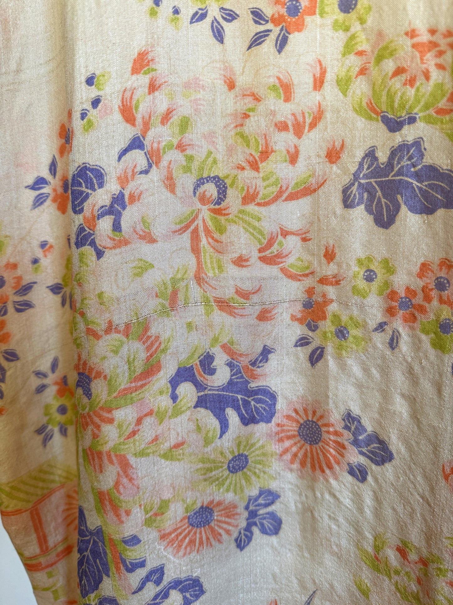1920s Chartreuse + Periwinkle Pongee Silk Duster Robe