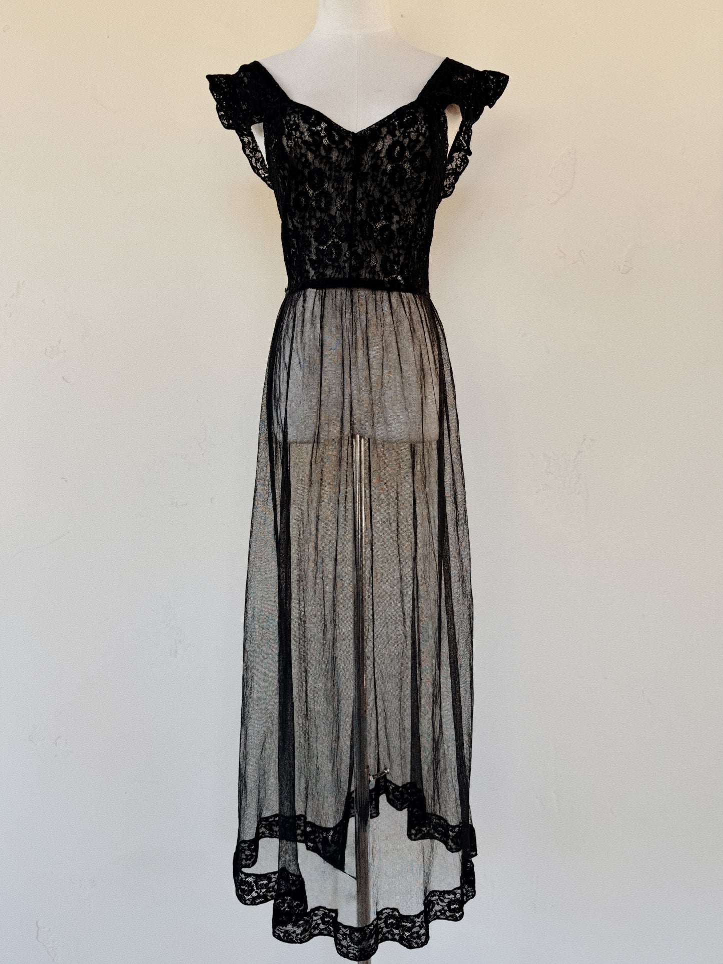 1930s/40s French Black Lace + Bobbinet Flutter Shoulder Slip Dress- S
