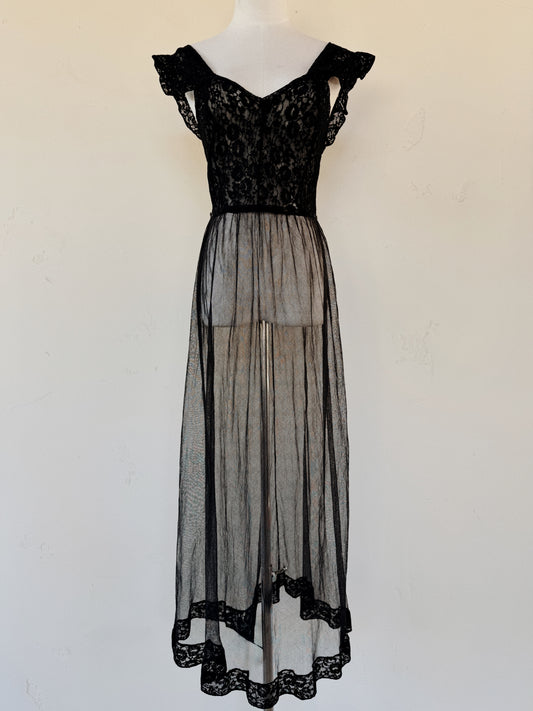 1930s/40s French Black Lace + Bobbinet Flutter Shoulder Slip Dress- S
