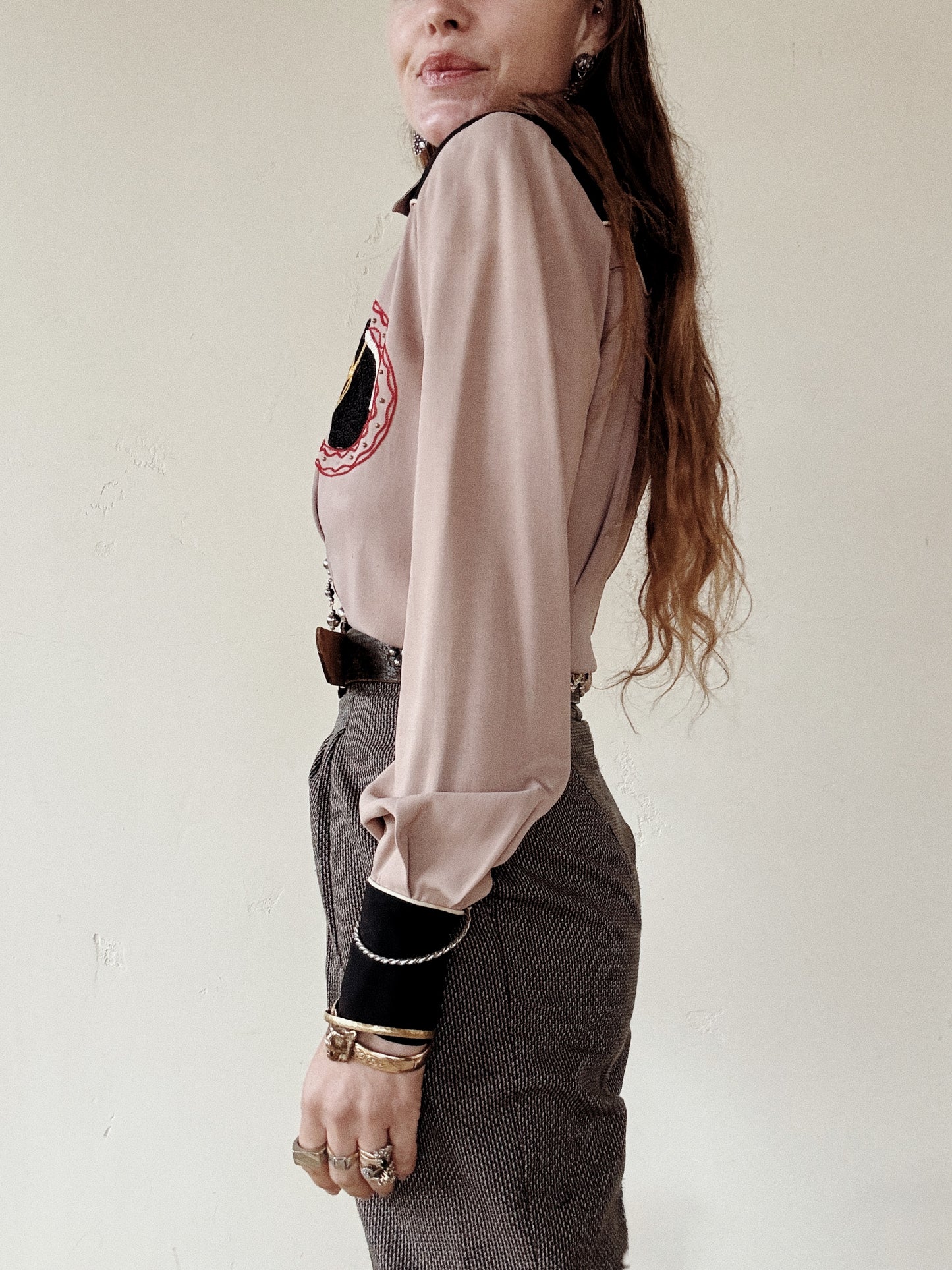 1940s Mauve + Black Horse Chain Stitched + Studded Top- S/M