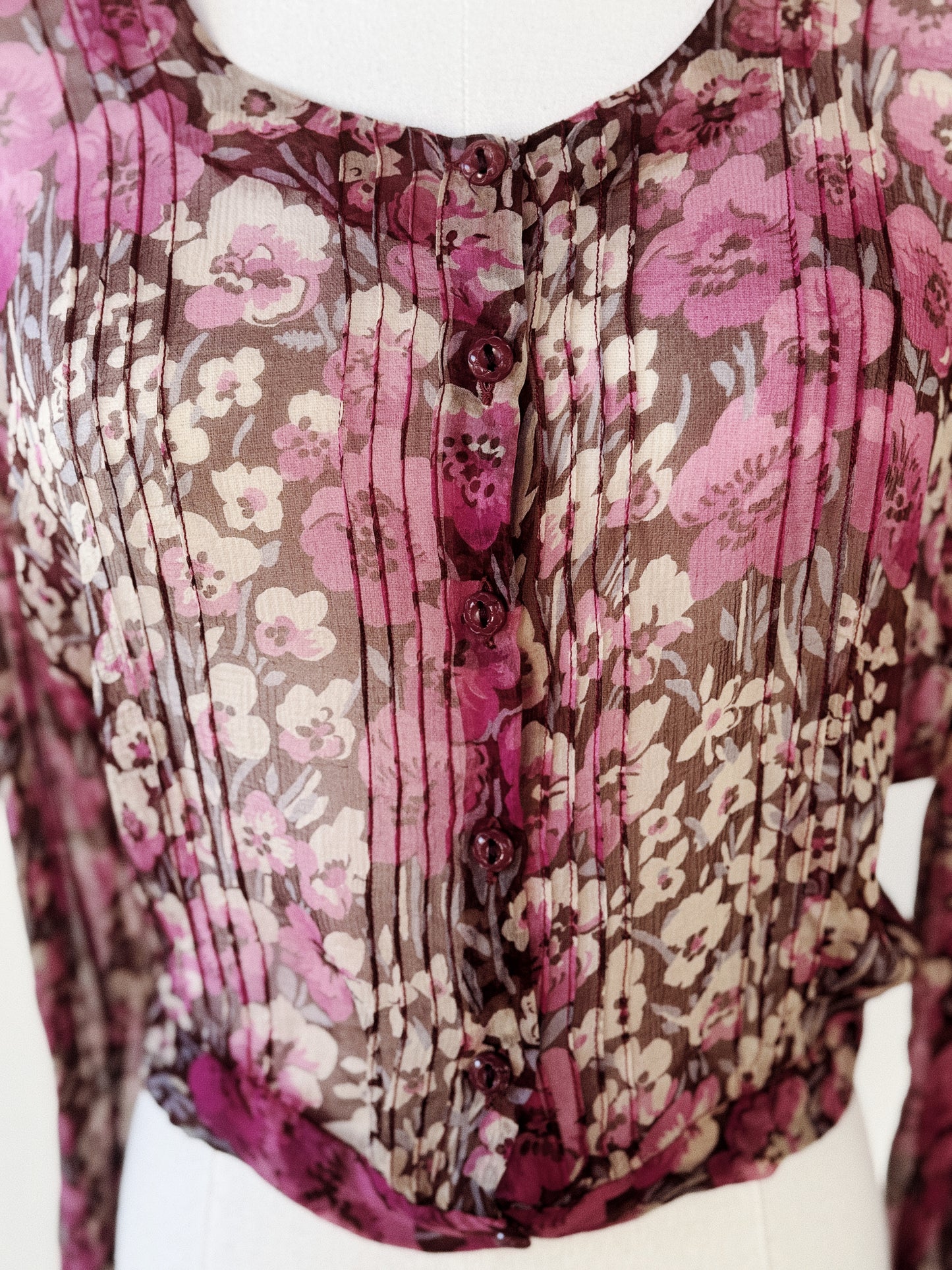 1930s I. Magnin Plum Purple Floral Silk Chiffon Cropped Blouse- S/M-M