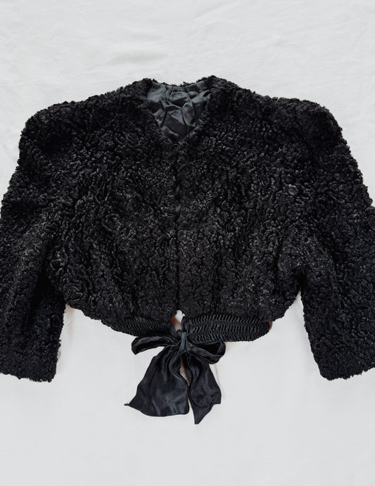 1940s Black Curly Lamb Cropped Jacket w/ Strong Shoulder- M-M/L