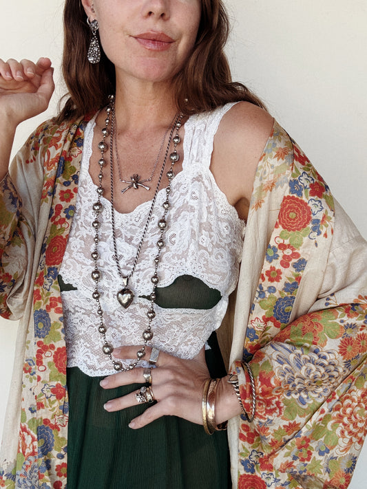 1920s Unique Chartreuse + Orange Pongee Silk Duster Robe