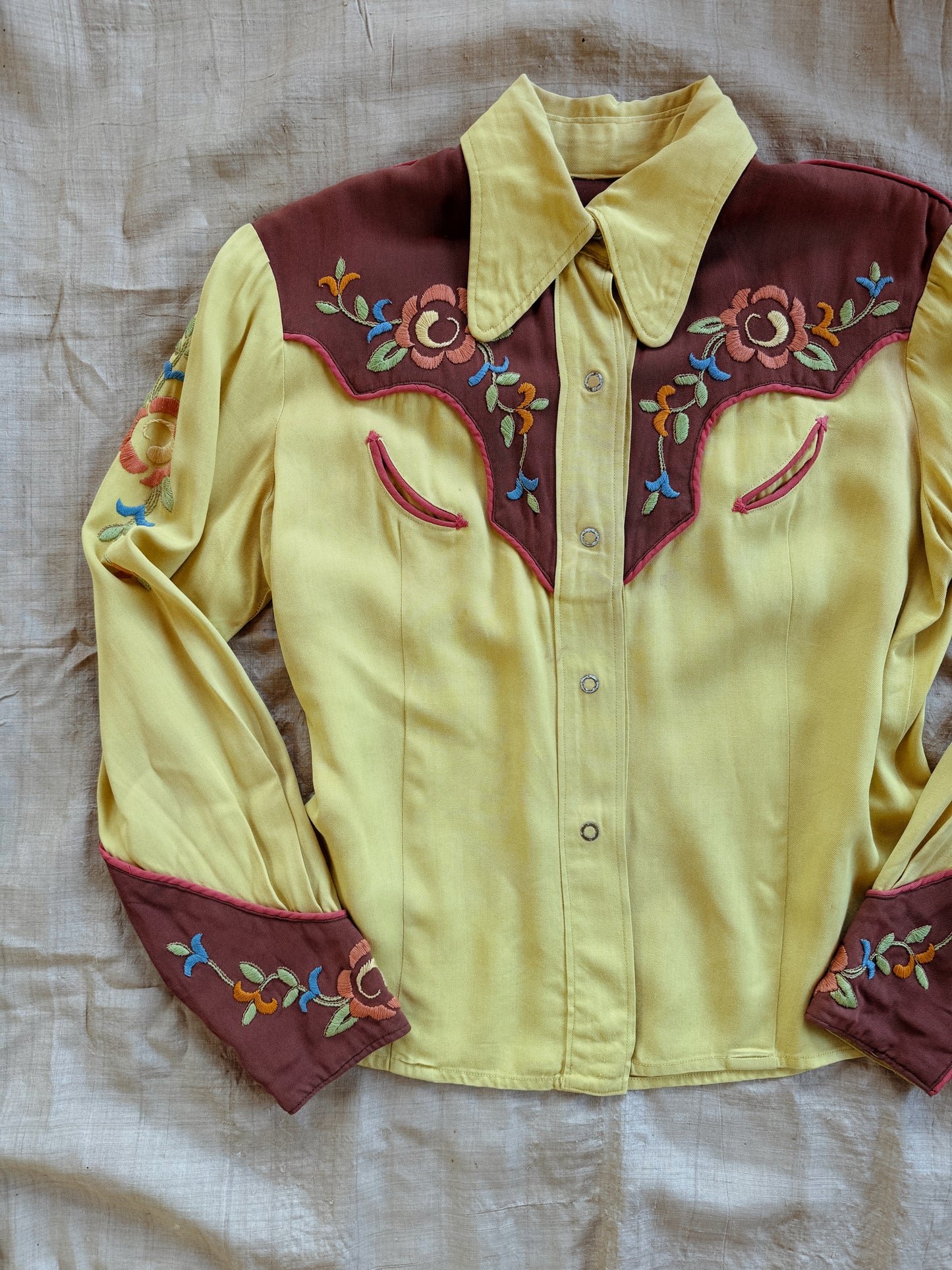 1940s Chartreuse Floral Gabardine Western Blouse- S/M