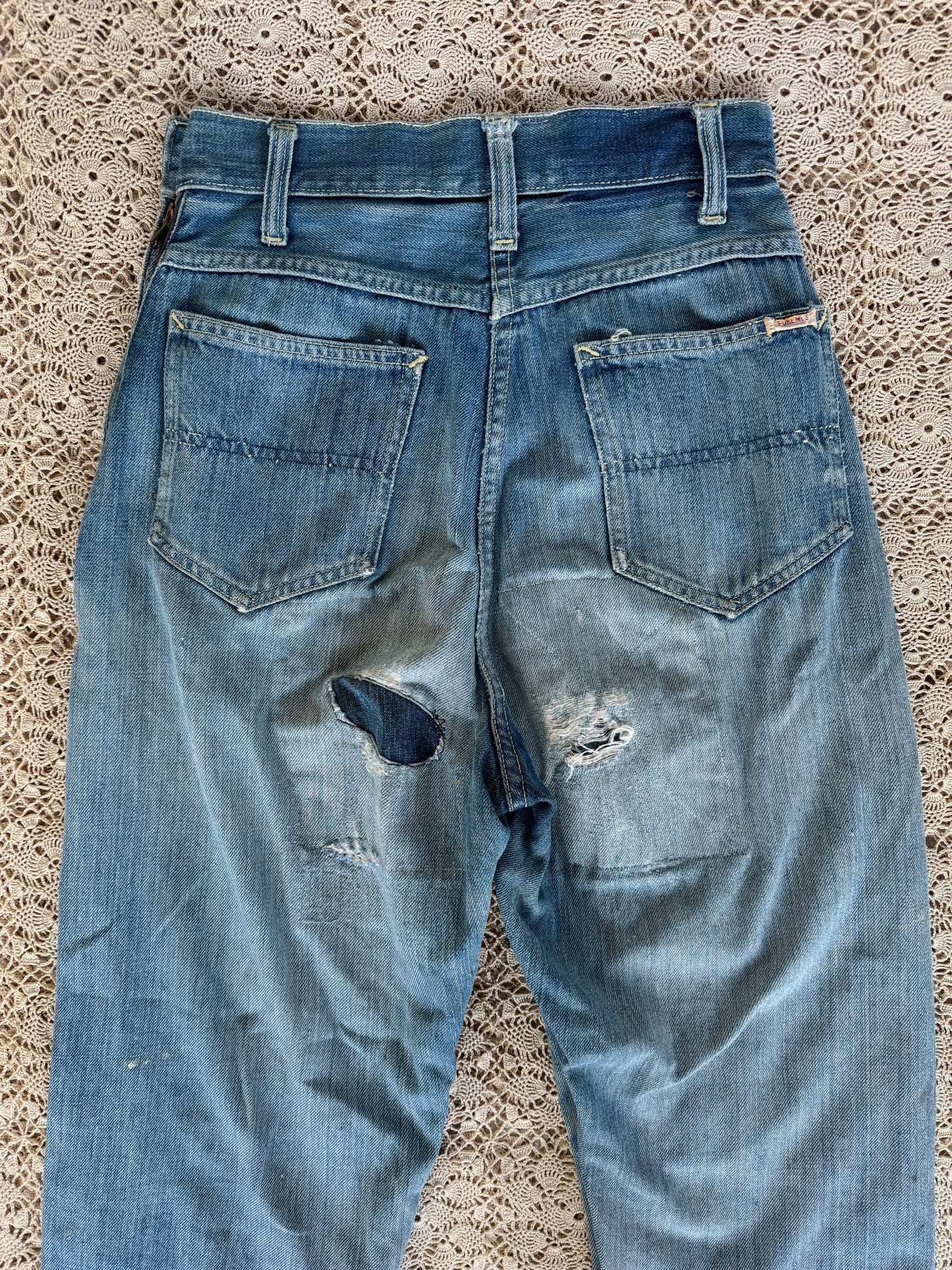 1950s Distressed + Repaired Riveted Selvedge Foremost Denim Side Zips- S