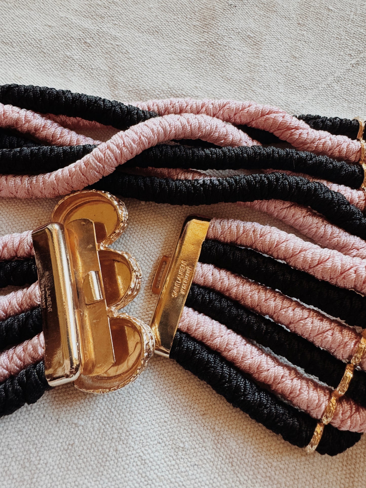 1980s YSL Pink + Black Corded Belt w/ Enamel Buckle- M/L