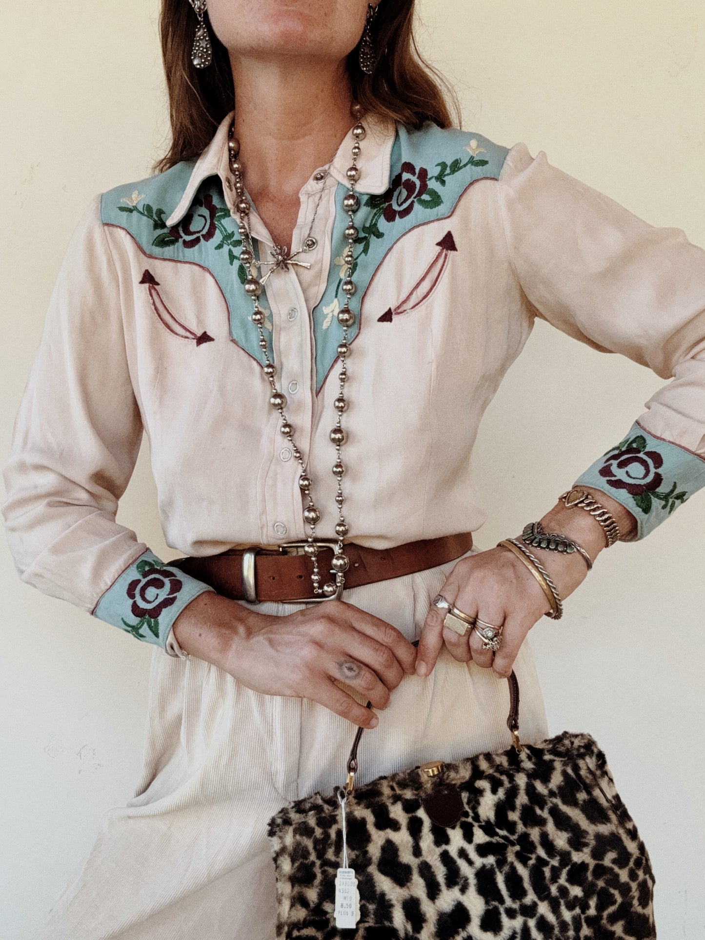 1950s Sky Blue + Purple Embroidered Western Blouse- S/M