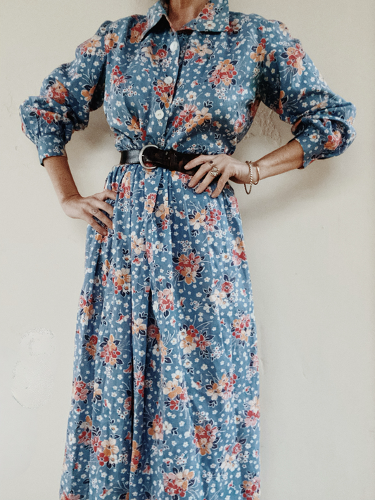 1930s/40s Blue Cotton Floral Maxi Feedsack Dress- L