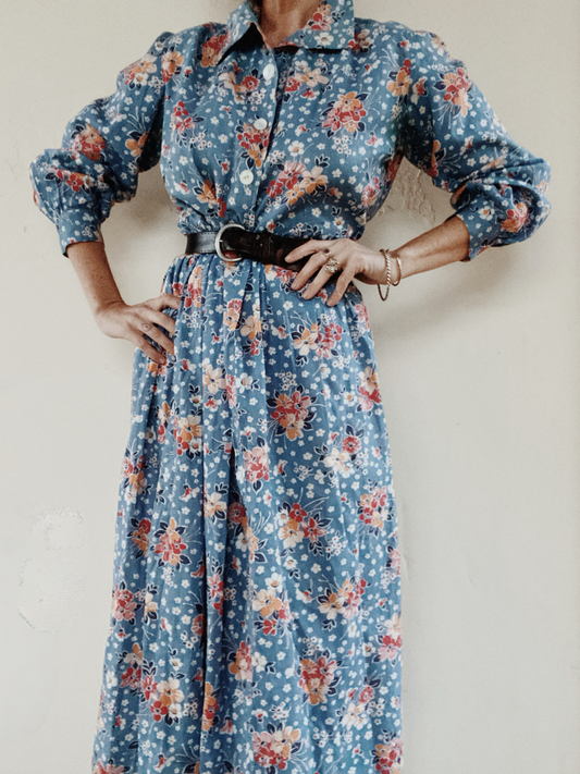 1930s/40s Blue Cotton Floral Maxi Feedsack Dress- M/L