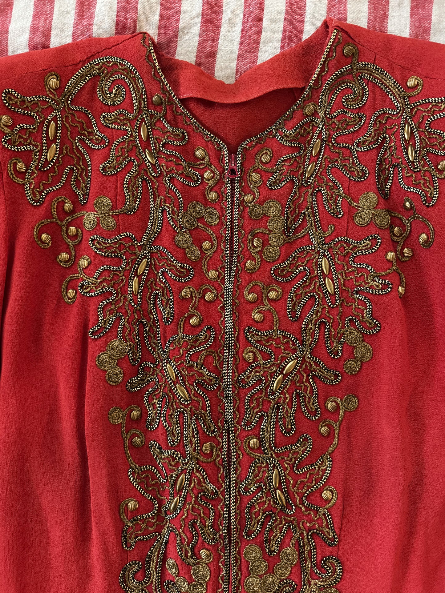 1930s Heavily Studded Muted Red Jacket w/ Gold Bullion- S/M-M