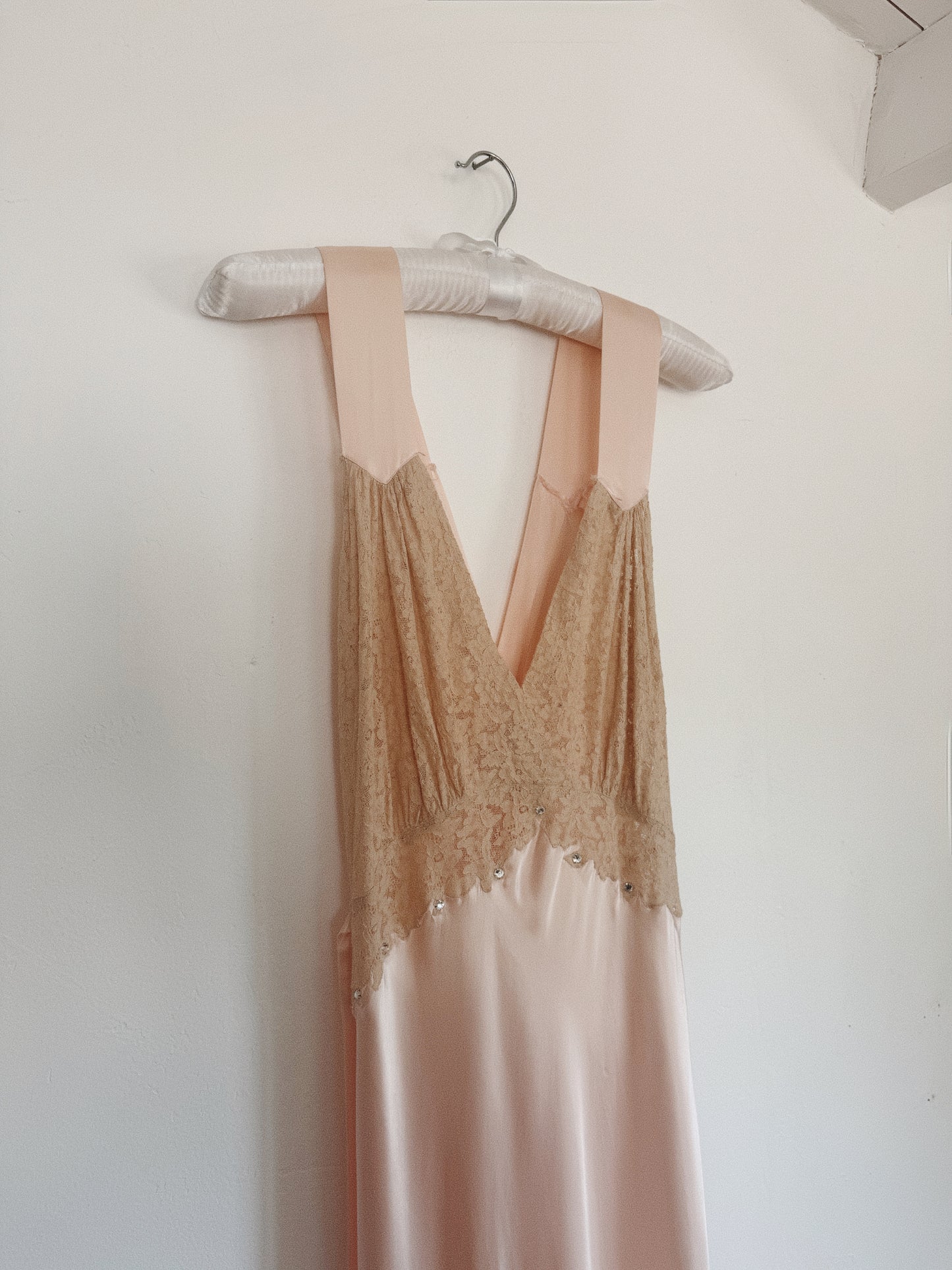 1930s/40s Pale Pink Liquid Satin + Lace Gown w/ Rhinestones- S/M