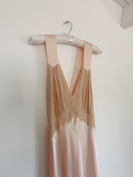 1930s/40s Pale Pink Liquid Satin + Lace Gown w/ Rhinestones- S/M