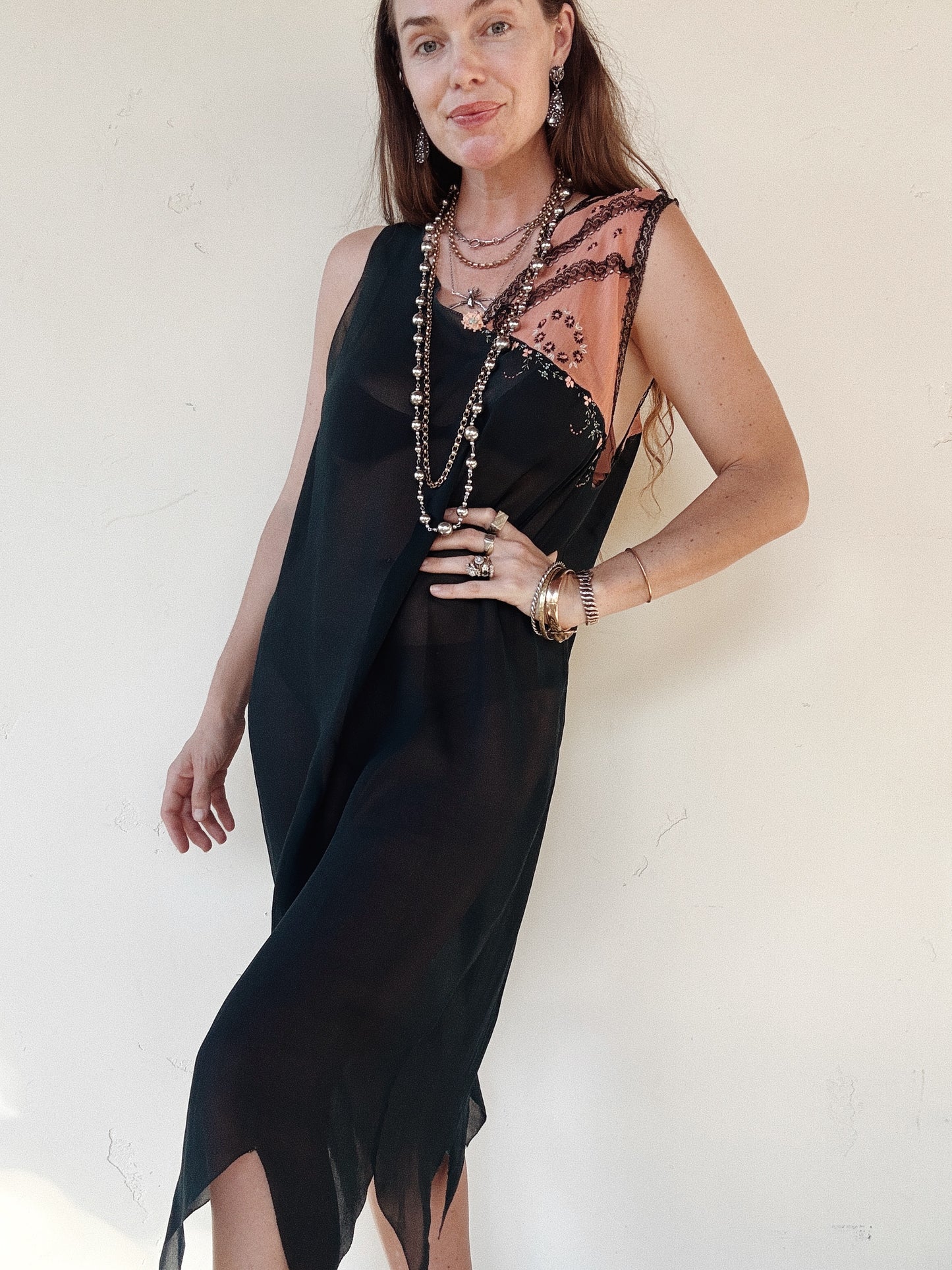 1920s Black Chiffon + Salmon Embroidered Shift Dress w/ Handkerchief Hem- M