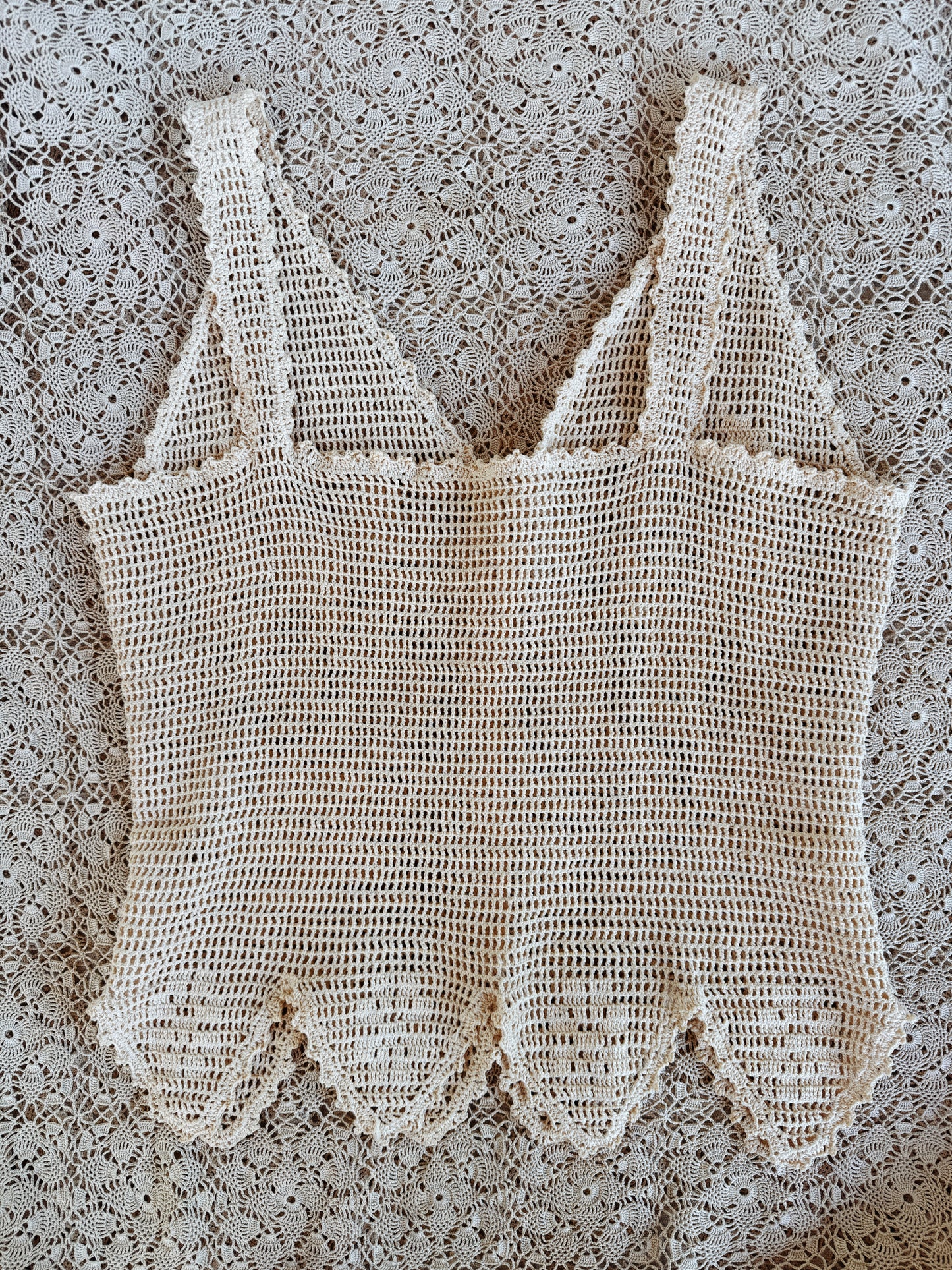 1960s Cotton Crocheted Top w/ Handkerchief Hem- S/M