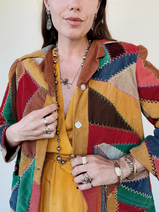 1940s Corduroy Crazy Quilt Jacket w/ Puffed Shoulders- S-M