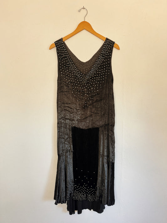1920s Midnight Black Crushed Silk Velvet Diamenté Dress- S/M