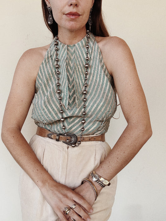 1930s Sea Foam Lamé Dagger Collar Halter Top- S/M