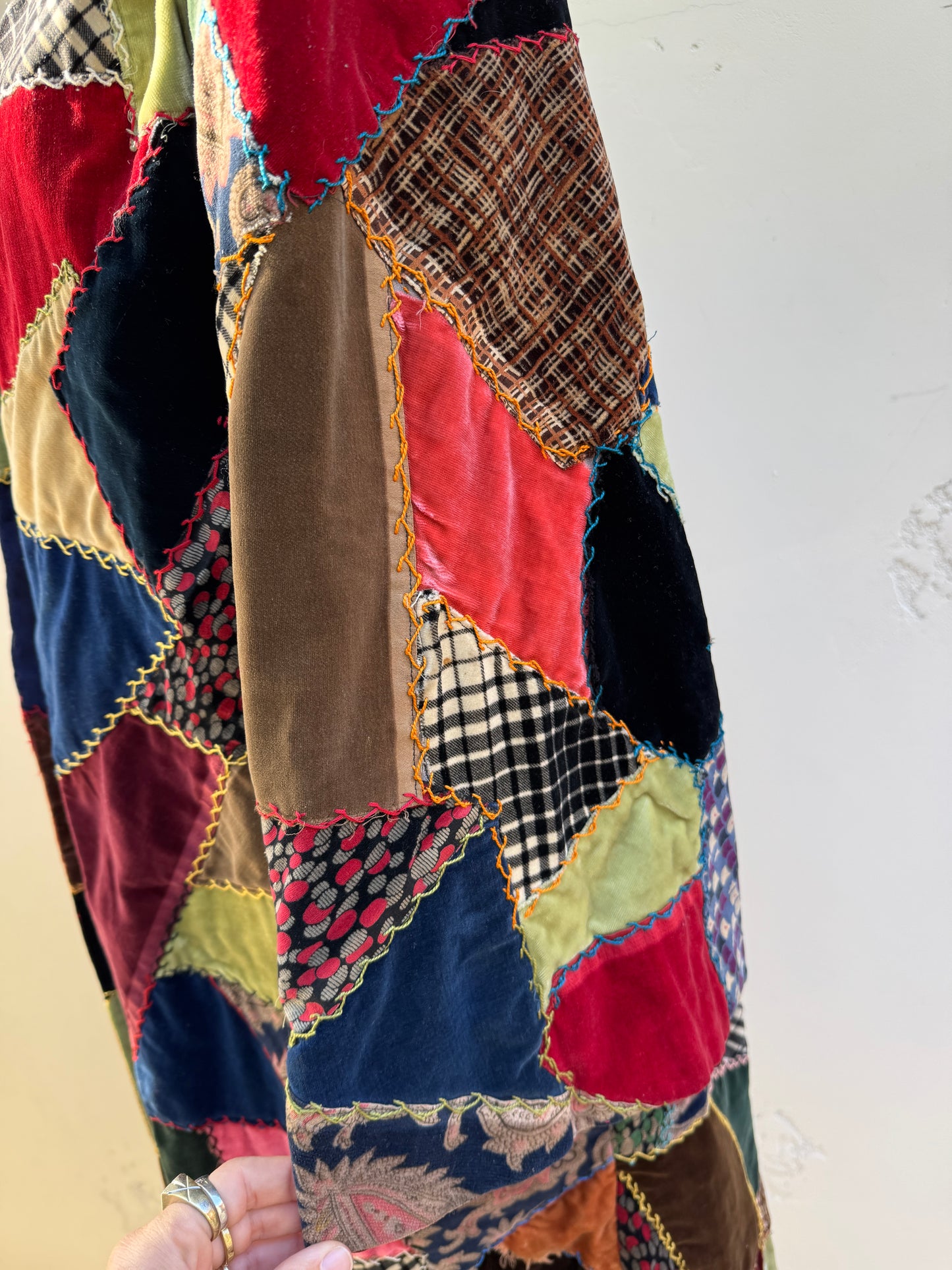 1930s/40s Velvet Crazy Quilt Patched Duster Coat