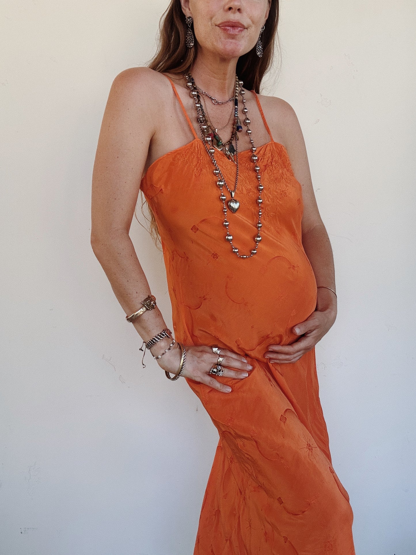 1930s Aperol Silk Jacquard Embroidered Slip Dress- M-M/L