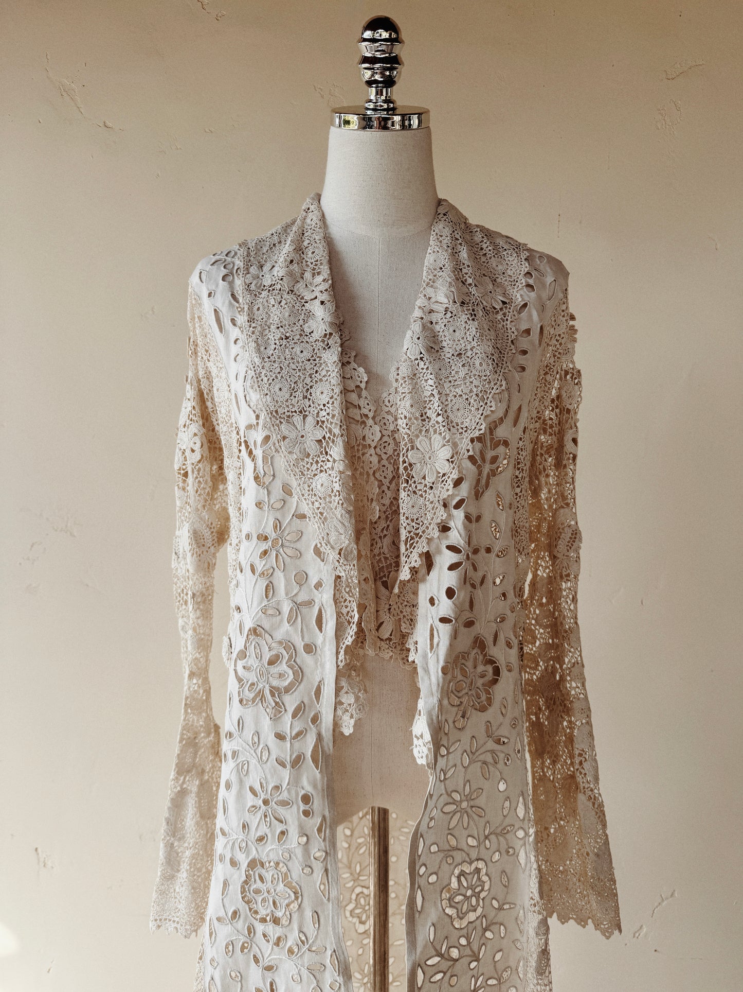 Rare Edwardian Irish Crochet Duster Coat w/ Pom Poms- M