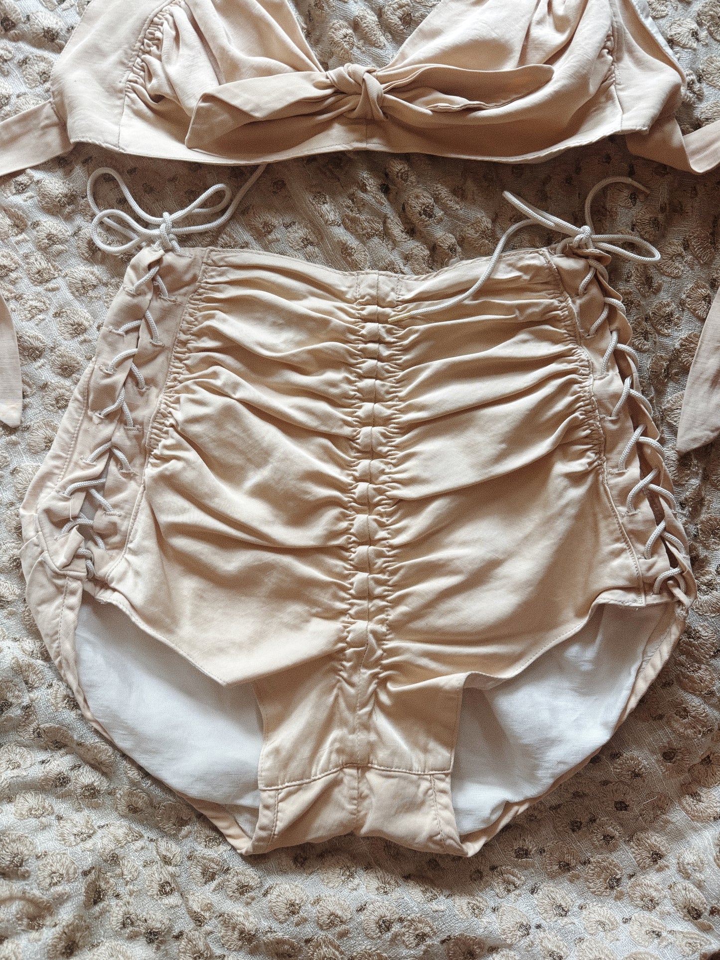 1942 Cole of California “Swoon Suit” Champagne Bombshell Ruched Lace Up Swimsuit- S/M-M