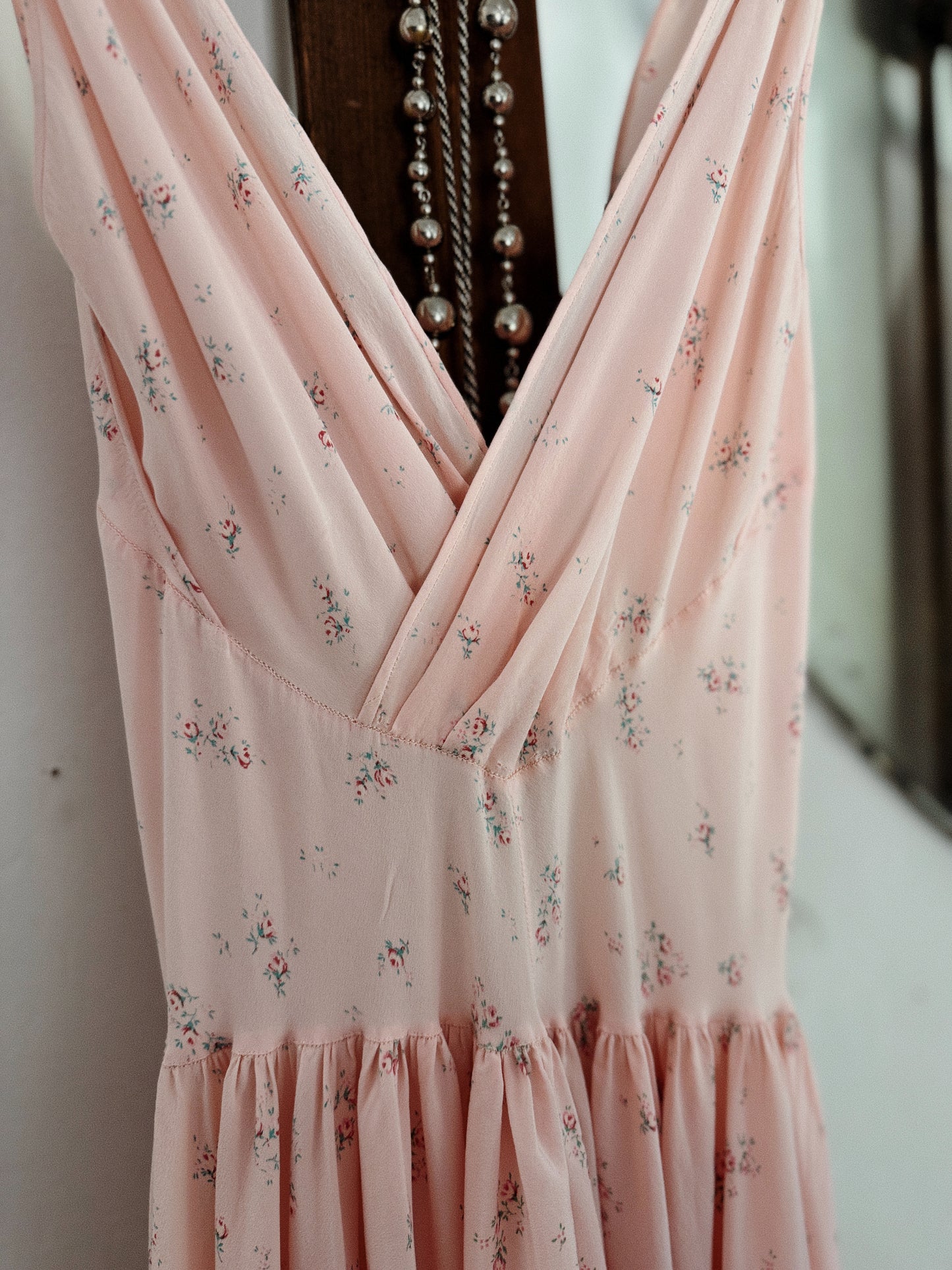 1930s Exquisite Corset Silk Crepe Slip Dress w/ Rose Print- XS-S