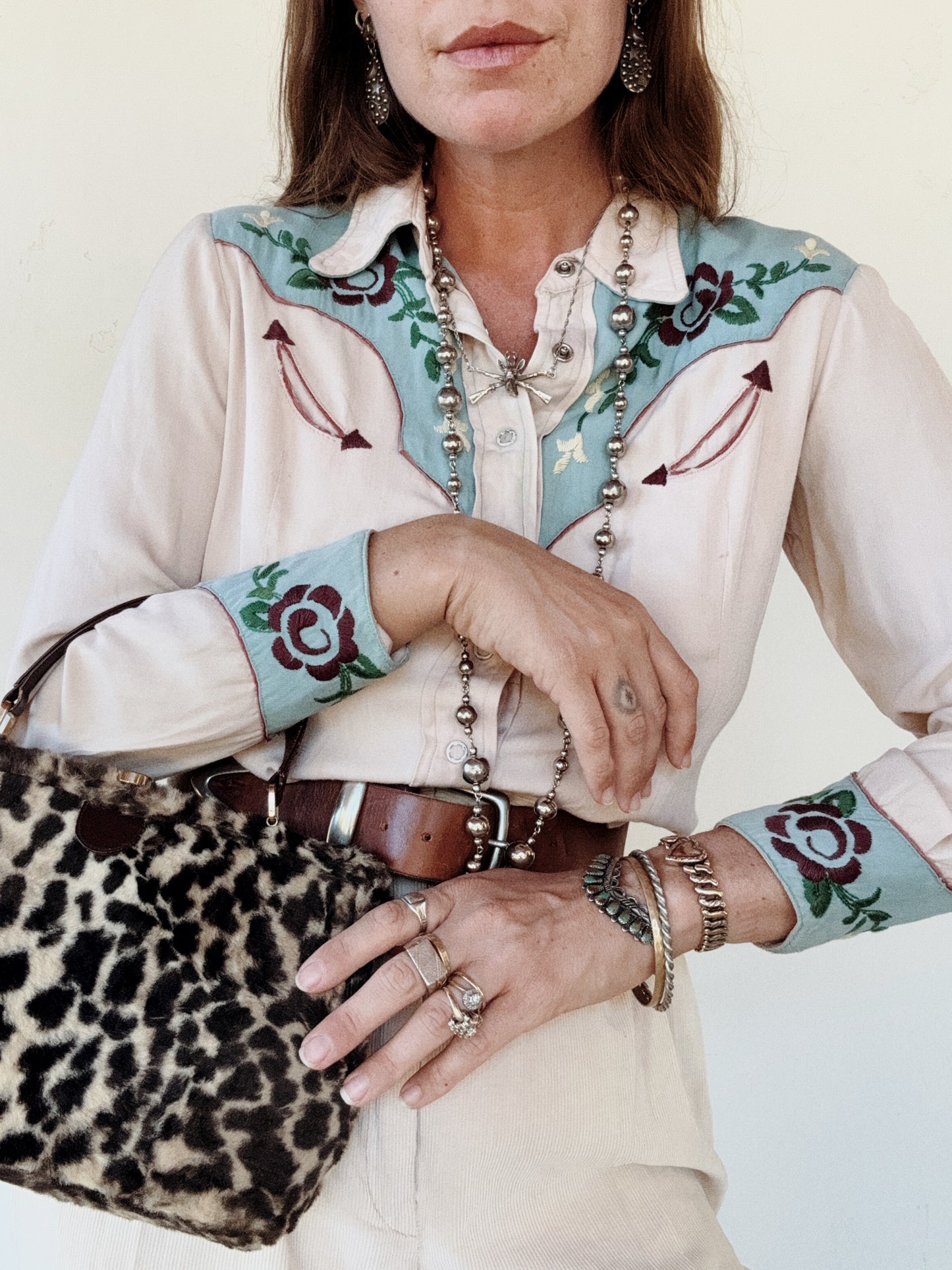 1950s Sky Blue + Purple Embroidered Western Blouse- S/M