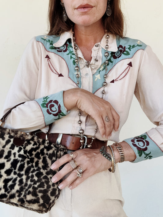 1950s Sky Blue + Purple Embroidered Western Blouse- S/M