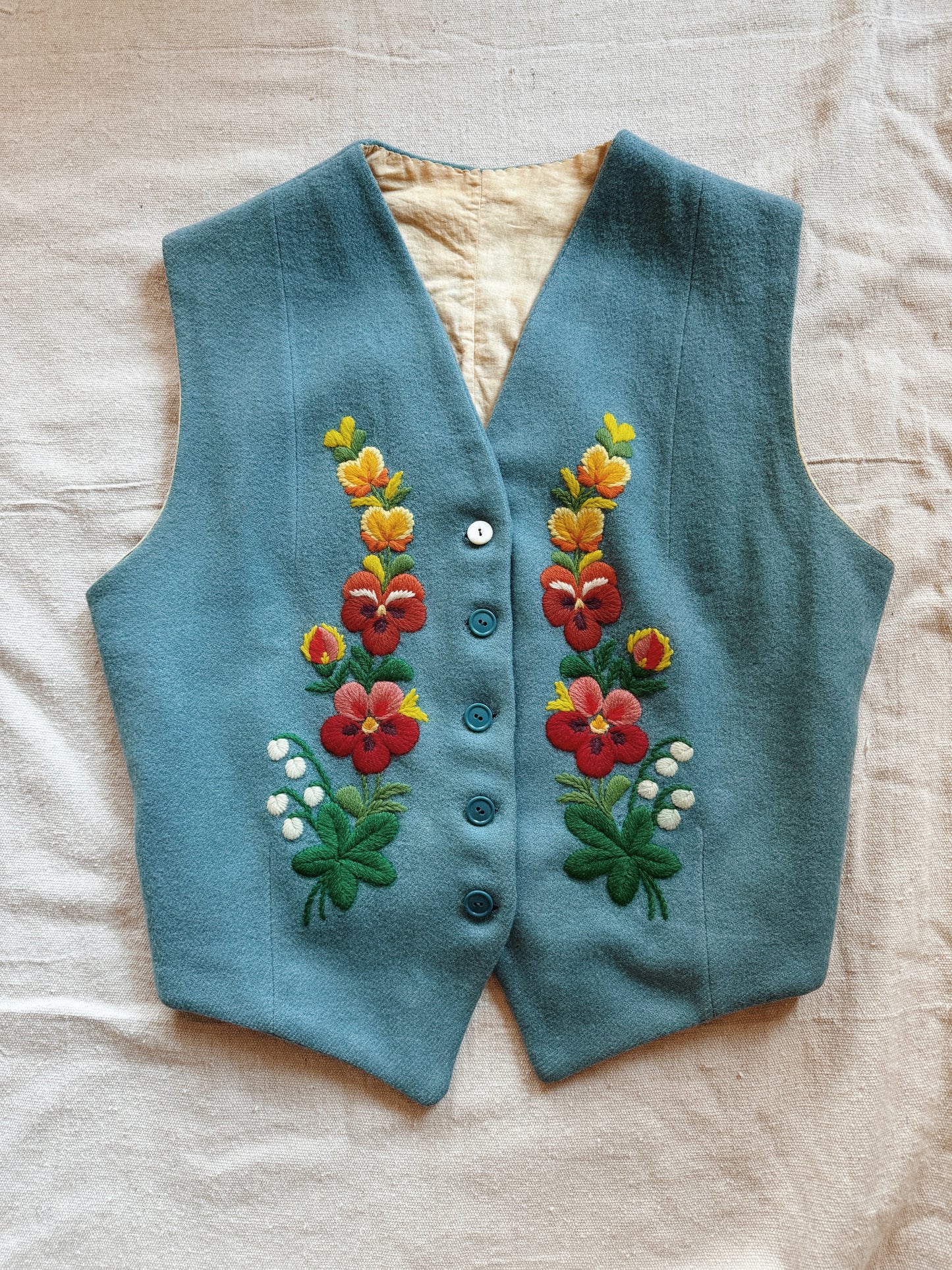 1930s/40s Cornflower Blue Embroidered Floral Waistcoat Vest- S/M