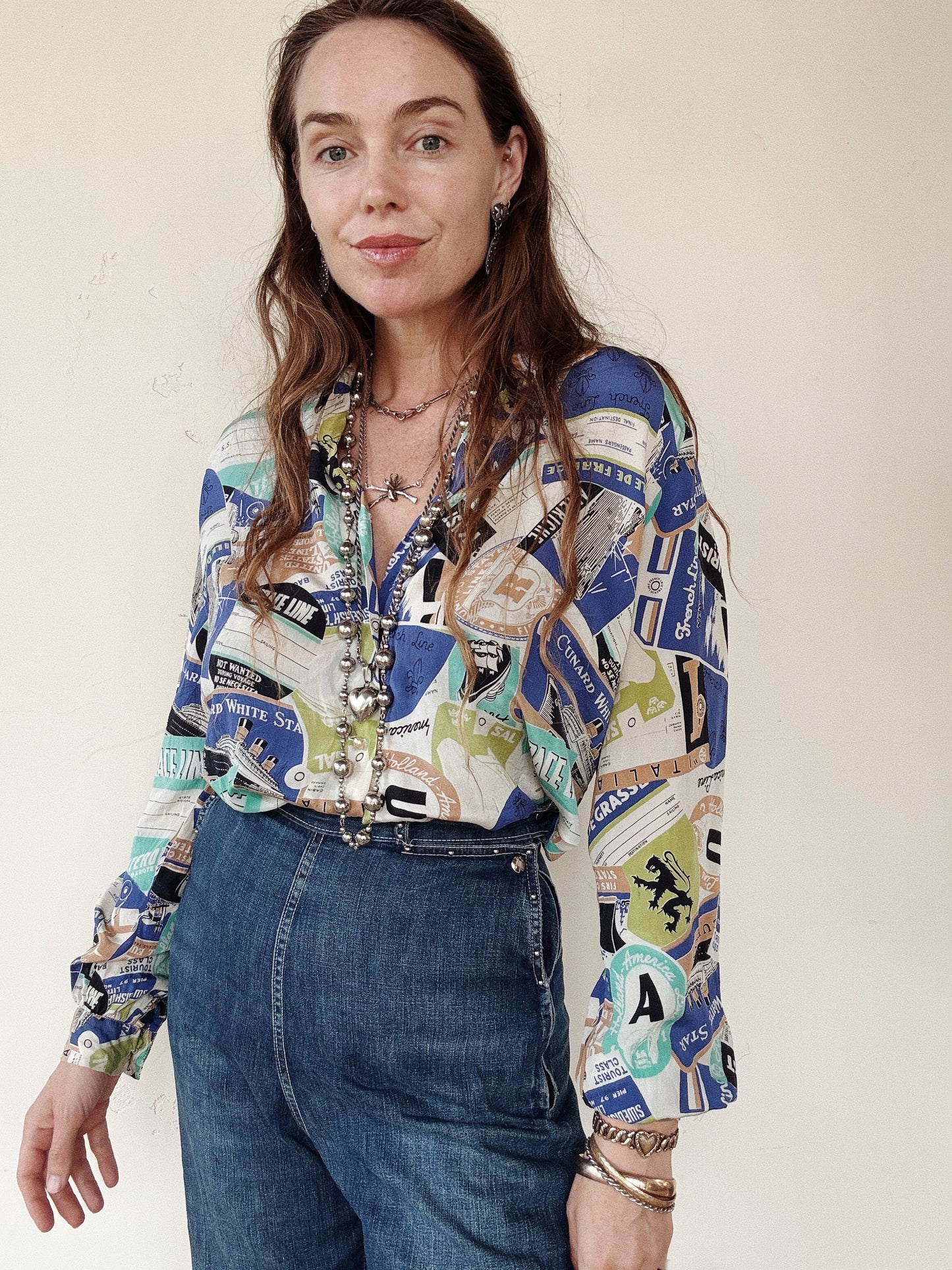 1940s Rare Novelty Travel Print Silk Blouse- S/M-M
