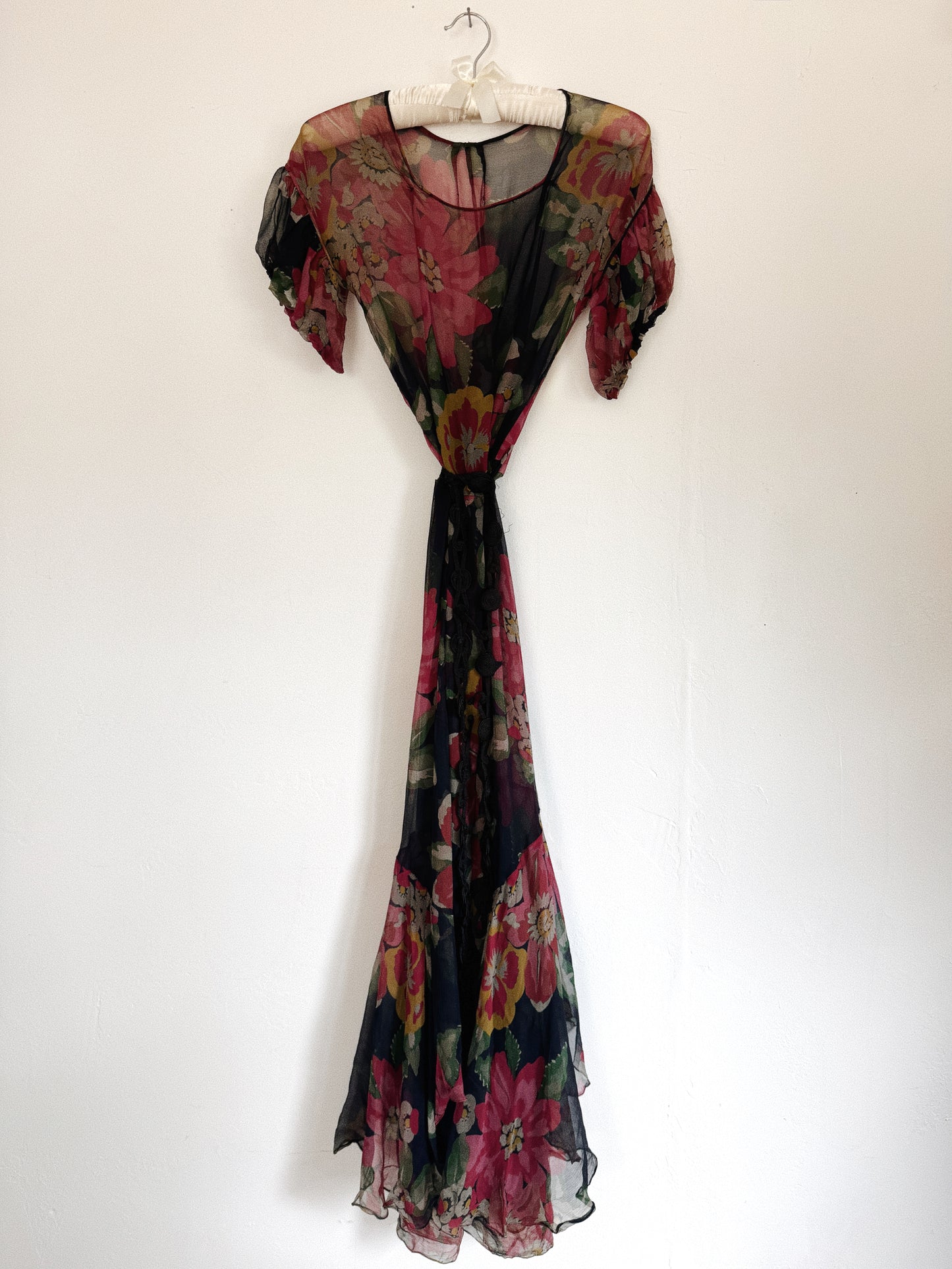 1930s Black Floral Chiffon Full Length Gown- S/M