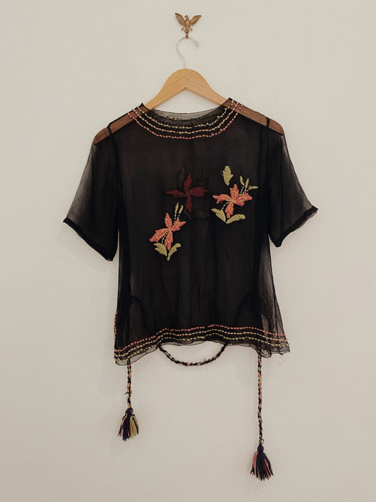1920s Black Chiffon Top W/ Floral Embroidery- S