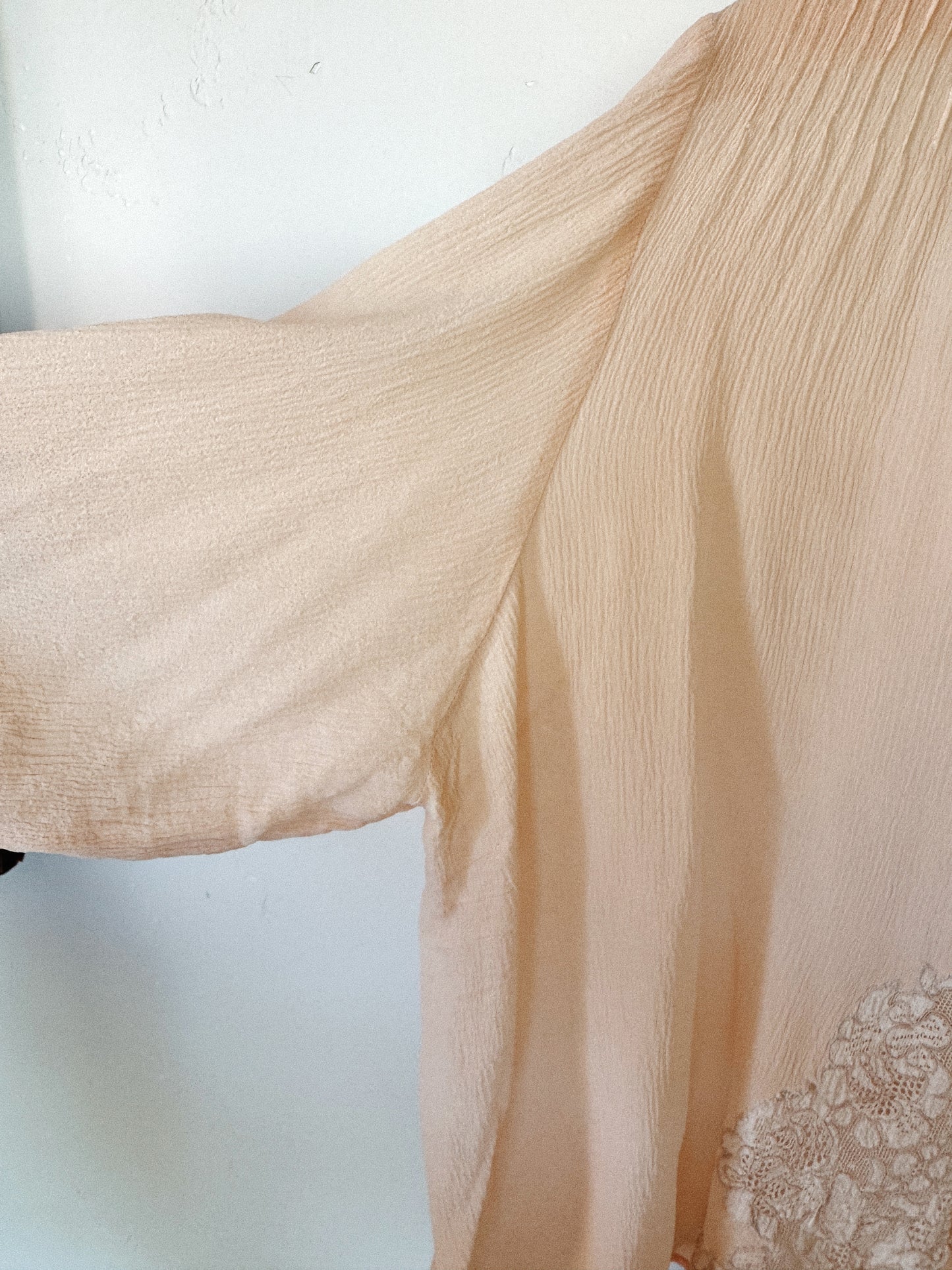 1930s Blush Pink Crinkle Silk Chiffon + Lace Bed Jacket- S-M/L