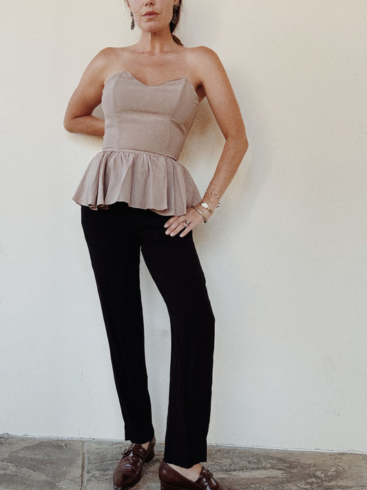 1980s Taupe + Brown Rayon Bustier Peplum Jumpsuit- S