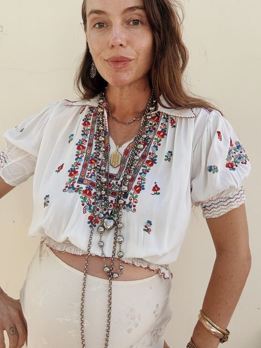 1930s/40s Embroidered Rayon Hungarian Peasant Blouse- S/M-M