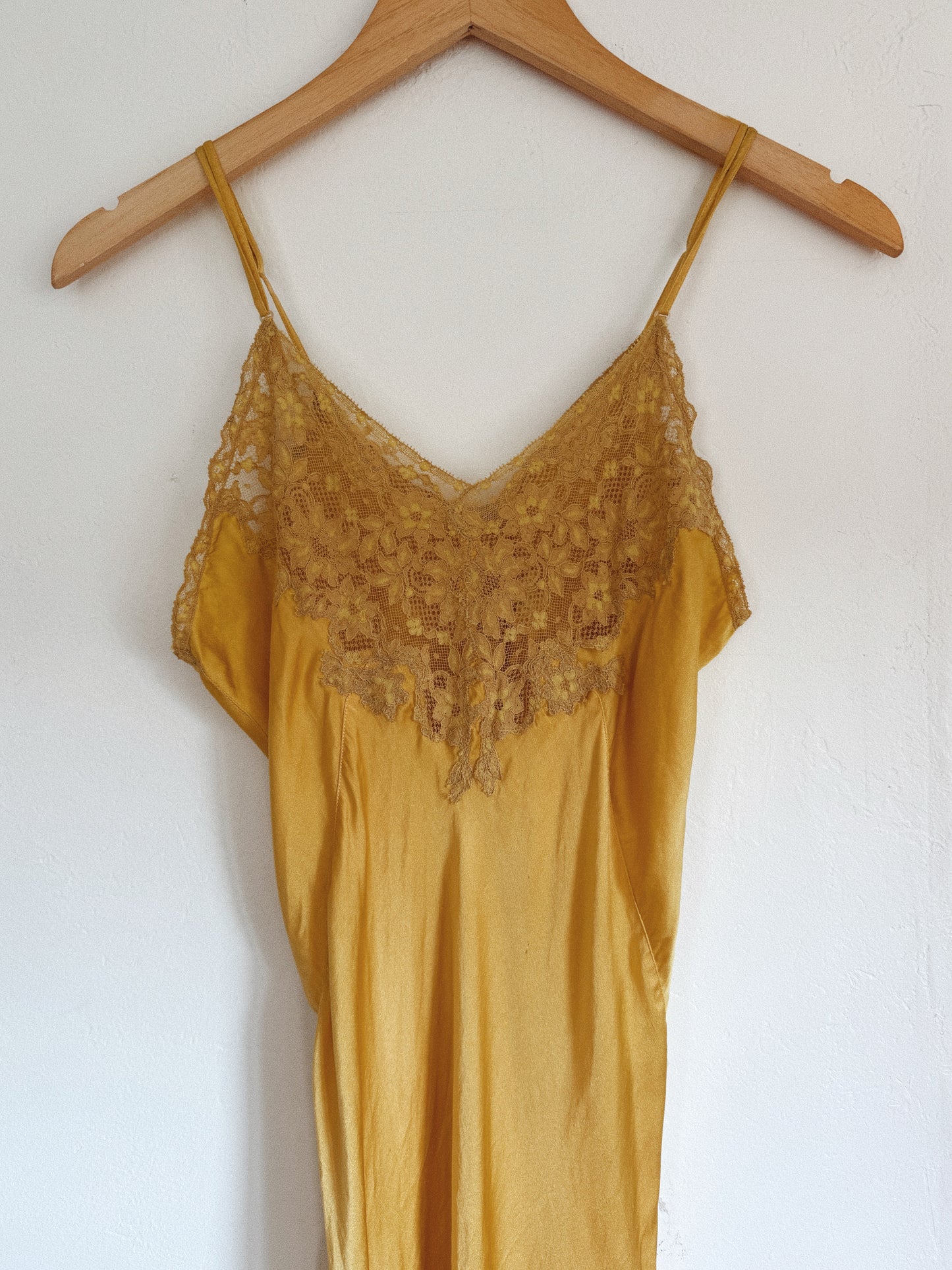 1940s Marigold Silk + Lace Spaghetti Strap Slip Dress- S/M-M